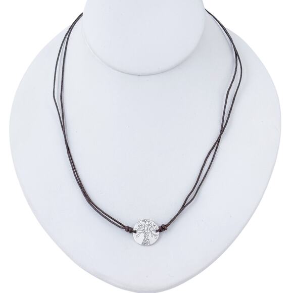 Vintage Sterling Silver 925 | Love Tree Disk | Black Corded Necklace 20" - Picture 3 of 9